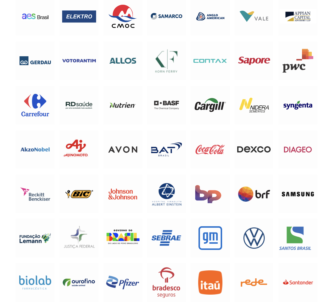 Organizações para as quais a equipe desenhou e conduziu programas: AES Brasil, Elektro, CMOC, Samarco, Anglo American, Vale, Appian Capital, Gerdau, Votorantim, Allos, Korn Ferry, Contax, Sapore, PwC, Carrefour, RD Saúde, Nutrien, BASF, Cargill, Nidera Sementes, Syngenta, AkzoNobel, Ajinomoto, Avon, BAT Brasil, Coca-Cola, Dexco, Diageo, Reckitt Benckiser, BIC, Johnson & Johnson, Hospital Israelita Albert Einstein, BP, BRF, Samsung, Fundação Lemann, Justiça Federal, Governo do Brasil, Sebrae, GM, Volkswagen, Santos Brasil, Biolab, Ourofino, Pfizer, Bradesco Seguros, Itaú, Rede e Santander.